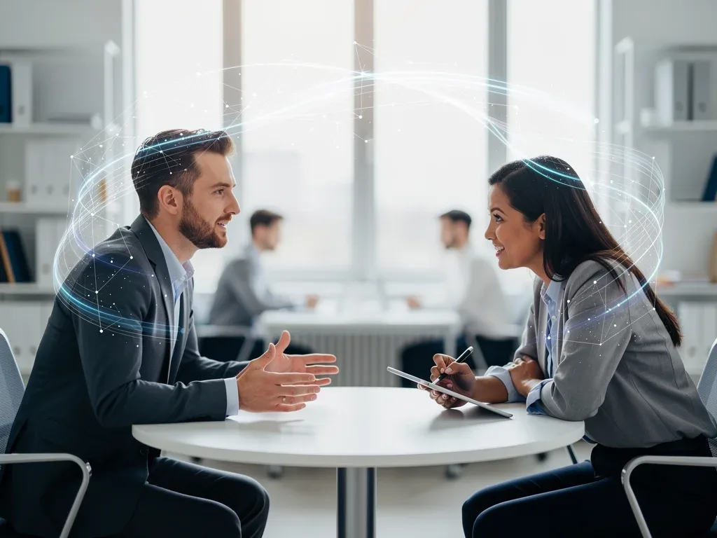 Colleagues exchanging structured feedback during a professional discussion