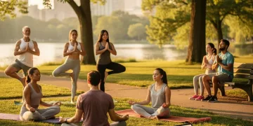 Diverse group practicing mindfulness outdoors, embracing emotional well-being in America