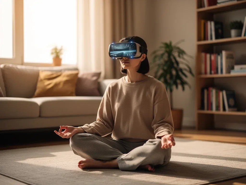 Individual engaging in VR guided meditation for emotional wellness