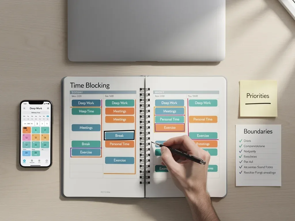 Visual of a structured digital calendar with time blocks, symbolizing effective boundary setting.