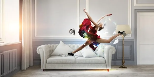 A person doing a silly dance in their living room, brightly colored walls, playful decorations, joyful expression.