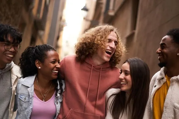A diverse group of friends laughing and supporting each other, symbolizing the importance of positive social connections, encouragement, and acceptance in boosting self-confidence and self-love. Bright and cheerful setting.