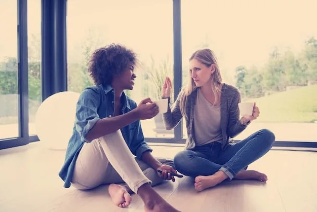 An introvert is shown politely but firmly setting a boundary with a cheerful colleague at the office, indicating their need for quiet time to recharge.