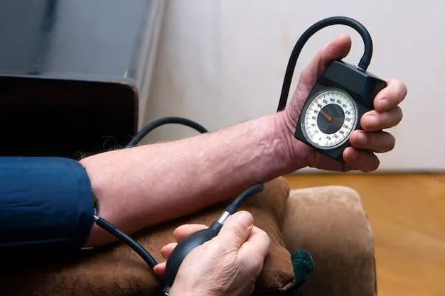 A close-up shot of a blood pressure monitor showing a reading within the healthy range, with a pair of walking shoes and a green plant in the background, symbolizing the connection between exercise, nature, and healthy blood pressure.