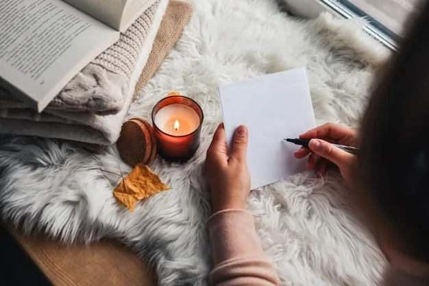 Close-up of a hand writing in a gratitude journal, with a pen resting on the page. The focus is on the act of writing, with blurred background elements that indicate a cozy and relaxing environment.