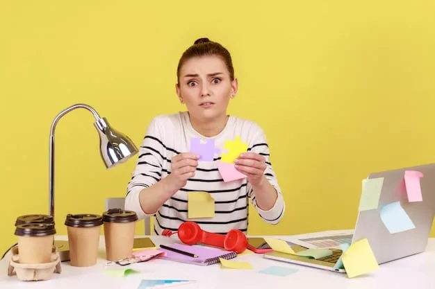 A person sitting at a desk, looking stressed, with sticky notes around them listing potential triggers like