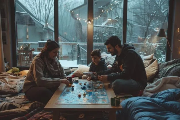 A family playing a board game together in their living room, illustrating the concept of spending quality time and creating shared memories.