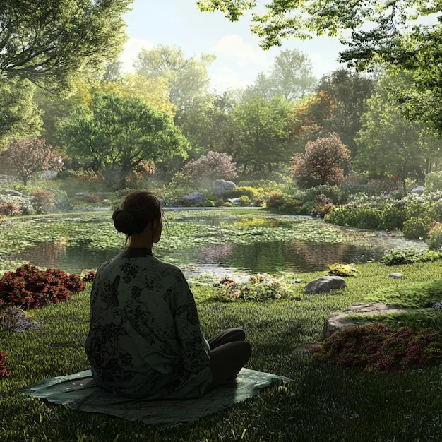 A person meditating peacefully in a garden, illustrating mindfulness and stress reduction techniques.