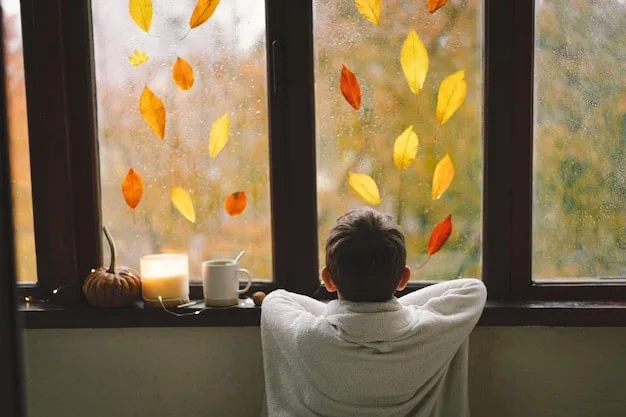 A person looking out a rain-streaked window, but smiling despite the gloomy weather, symbolizing finding gratitude even in challenging circumstances.