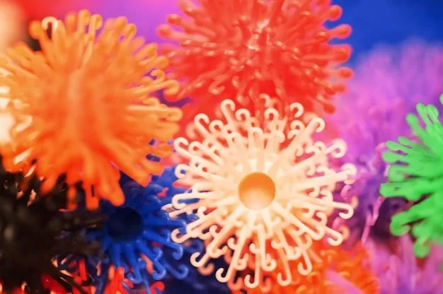 A microscopic view of various types of gut bacteria, showcasing the diversity and complexity of the gut microbiome. The bacteria are brightly colored and distinct in shape, emphasizing the importance of a balanced bacterial ecosystem.