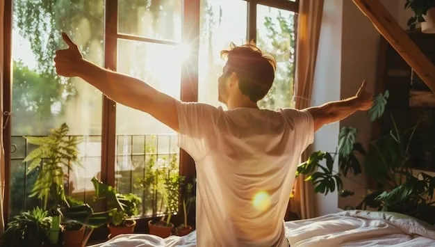 A person waking up naturally to sunlight in their bedroom, looking refreshed and energized, emphasizing the importance of a consistent wake-up time.