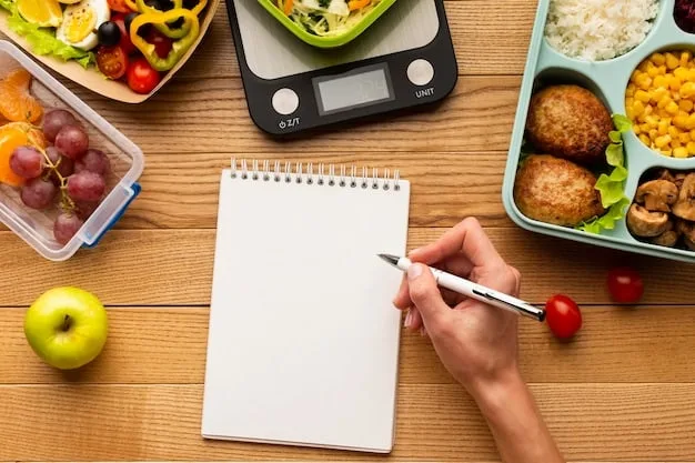 A person writing a detailed meal plan and shopping list at a kitchen table, with cookbooks and meal prep containers nearby. The list highlights ingredients for specific meals throughout the week.