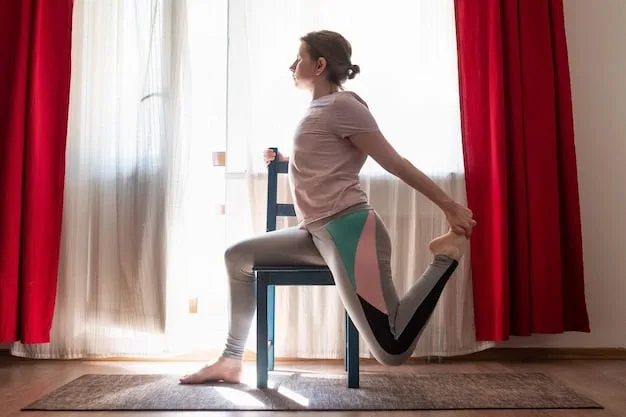 A person demonstrates proper form for a Seated Spinal Twist in a brightly lit living room. They are sitting tall with a straight spine, gently twisting their torso while keeping their hips square. Their hands are placed on their knee and behind their back, respectively, to aid in the twist.