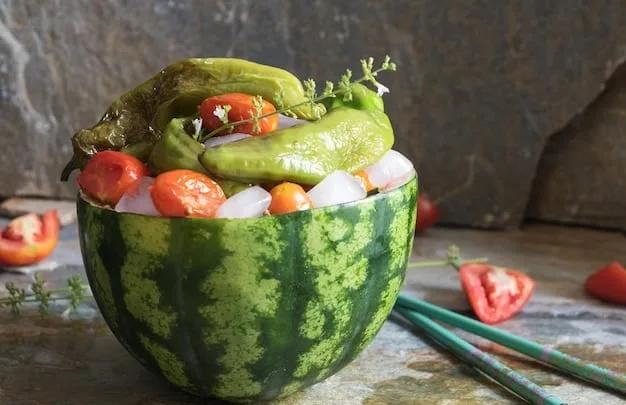 Various fruits and vegetables known for high water content, such as watermelon, cucumbers, strawberries, and oranges, arranged on a wooden table. The image is brightly lit, emphasizing the freshness and health benefits of these foods.