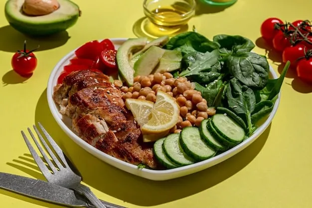 A colorful plate featuring various protein sources, including grilled chicken, quinoa, black beans, and vegetables. The focus is on showcasing a balanced and nutritious meal.