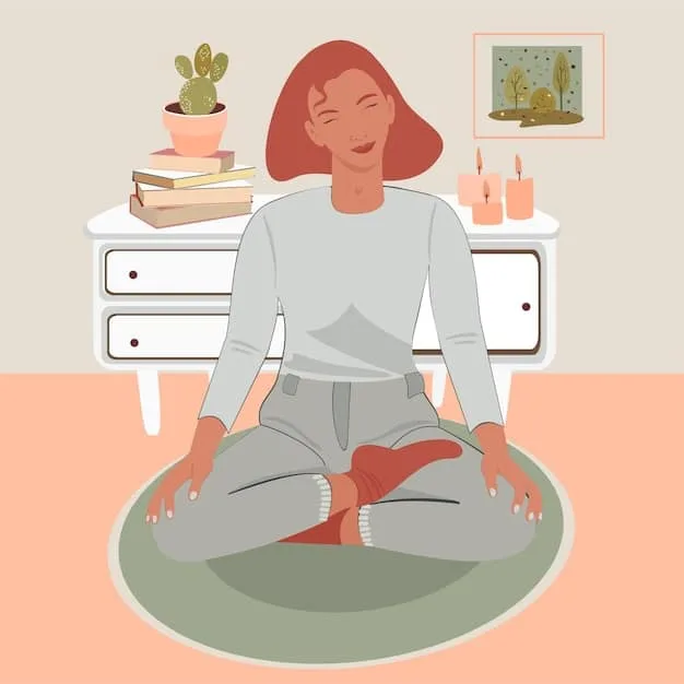 A person sitting in a quiet room, practicing deep breathing exercises, with their hands gently resting on their stomach.