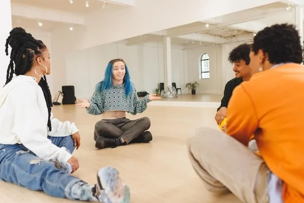 A diverse group of people participating in a guided meditation session in a bright, modern studio. They are seated comfortably on cushions, with a calm instructor guiding them. The atmosphere is peaceful and supportive, promoting relaxation and focus.