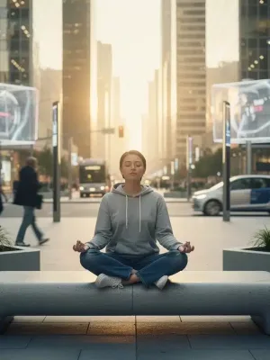 Person meditating calmly in urban setting, symbolizing emotional regulation and stress management in 2026 US.