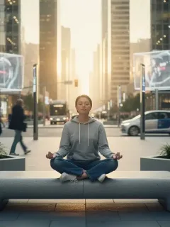 Person meditating calmly in urban setting, symbolizing emotional regulation and stress management in 2026 US.