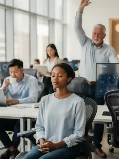 US professionals practicing mindfulness at work in 2026
