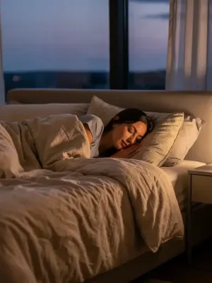 Bedroom at dusk with a person sleeping soundly, smart sleep tech visible