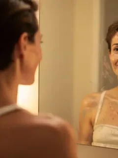 A person confidently embracing their reflection, symbolizing reduced self-doubt and self-acceptance.