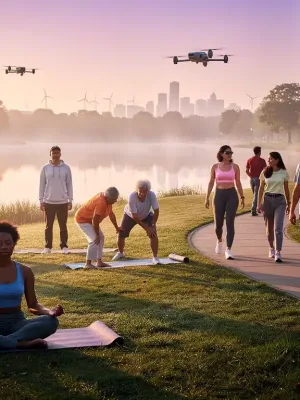 Diverse individuals practicing stress management techniques in a tranquil American setting, 2026