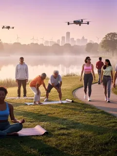 Diverse individuals practicing stress management techniques in a tranquil American setting, 2026