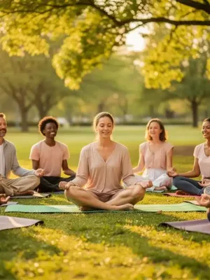 Diverse US adults meditating outdoors, finding peace and reducing anxiety with mindfulness.