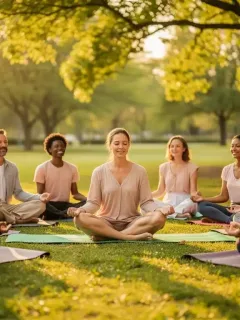 Diverse US adults meditating outdoors, finding peace and reducing anxiety with mindfulness.