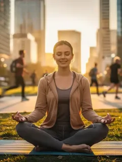 Woman meditating in a city park at sunrise for emotional balance
