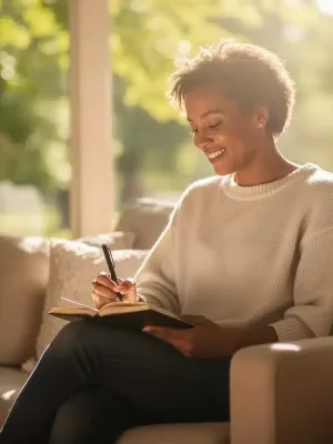 Woman peacefully writing in a gratitude journal, enhancing emotional well-being in the US.