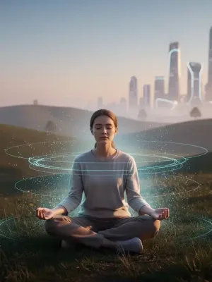 Person meditating in nature, symbolizing digital well-being and reduced screen time for mental clarity in 2026