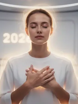 Serene person practicing self-compassion with gentle hands over heart in 2026