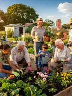 Diverse community members actively gardening, fostering connection and shared purpose
