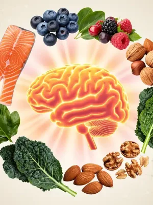 Illustration of a healthy brain surrounded by nutrient-rich foods essential for cognitive function in US adults.