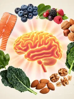 Illustration of a healthy brain surrounded by nutrient-rich foods essential for cognitive function in US adults.