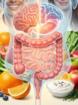 Illustration of gut-brain axis with healthy foods and serene faces, symbolizing the gut health and mood connection.