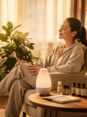Woman enjoying aromatherapy for stress relief with essential oil diffuser in a calm room.