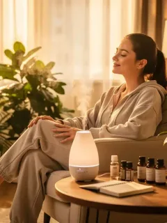 Woman enjoying aromatherapy for stress relief with essential oil diffuser in a calm room.