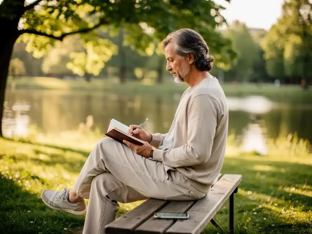 Person enjoying nature, reading a book, embracing digital detox and self-care