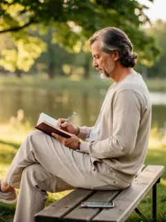 Person enjoying nature, reading a book, embracing digital detox and self-care