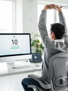 Person taking a brief, refreshing micro-break at their desk during a workday.