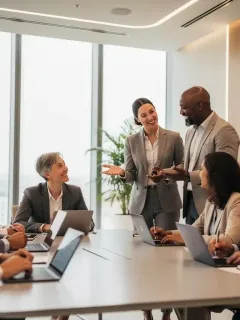Group of diverse adults practicing emotional intelligence in a collaborative setting.