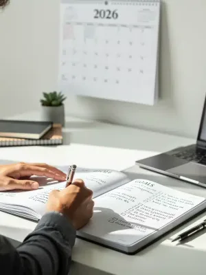 Detailed plan for setting achievable goals in 2026, illustrating a person writing in a planner with a 2026 calendar.