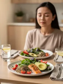 Person practicing mindful eating with a healthy meal in 2026