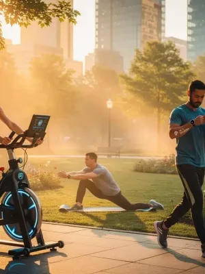 Diverse people embracing modern fitness trends with technology and outdoor activities.