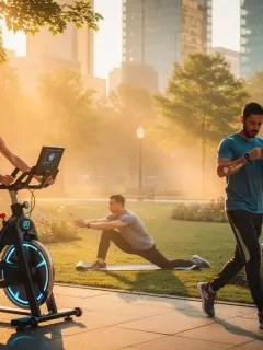 Diverse people embracing modern fitness trends with technology and outdoor activities.
