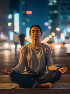 Serene individual meditating in an urban setting, symbolizing emotional resilience amidst US societal pressures.