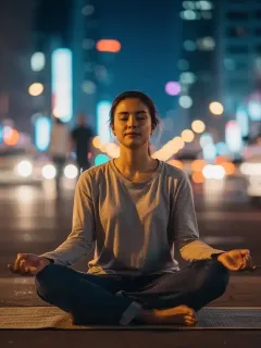 Serene individual meditating in an urban setting, symbolizing emotional resilience amidst US societal pressures.